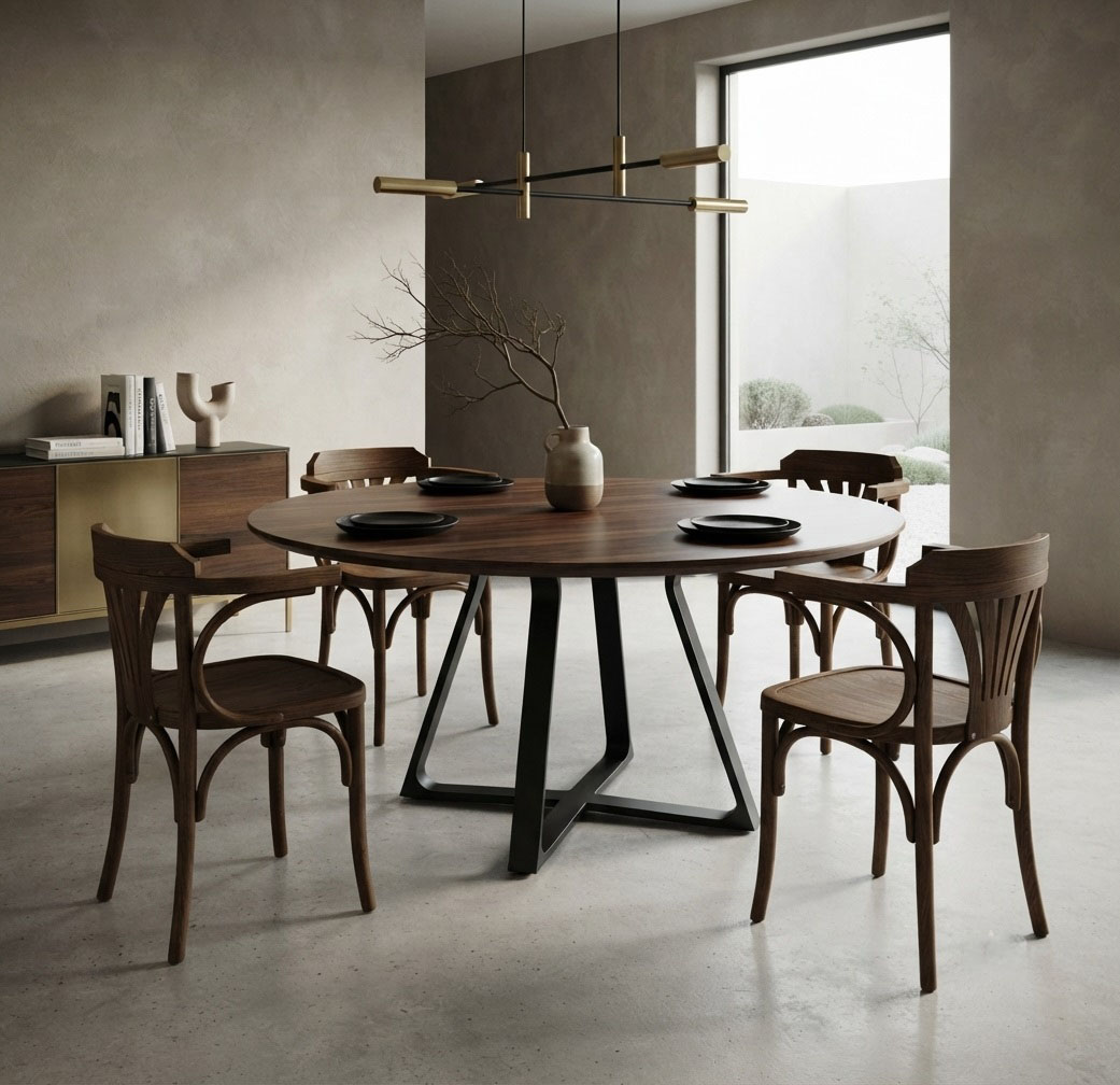 Graue Betonwände, aufgelockert durch Holzelemente. Auf dem Foto sehen Sie Wiener Stühle im Retro-Stil, bei denen die Holzfarbe individuell gewählt werden kann.